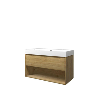 Proline loft ensemble de meubles de salle de bains 100x46x62cm meuble avec étagère idéal en chêne avec 2 robinets polystone blanc brillant