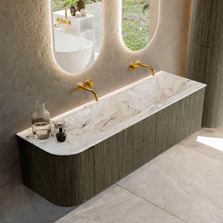 Ensemble de meuble de salle de bain Mondiaz KURVE-DLUX - 155x46x40cm - 2 tiroirs - 1 porte - lavabo en solid surface - double / droite - sans trou de robinet - Shadow