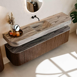 MONDIAZ THOR-DLUX 180cm meuble de salle de bains arrondi gauche + droite couleur Walnut avec 2 tiroirs et 2 portes. Vasque suspendue CLOUD Centre sans trou de robinet couleur Sombra.