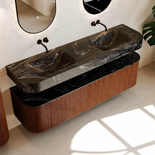 MONDIAZ THOR-DLUX 170cm meuble de salle de bains arrondi gauche + droite couleur Ruby avec 1 tiroir et 2 portes. Vasque suspendue CLOUD Double sans trou de robinet couleur Lava.