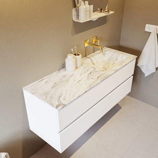 Mondiaz VICA-DLUX ensemble de meuble de salle de bain - 130cm - meuble sous-vasque talc - 4 tiroirs - lavabo encastré cloud droite - sans trous de robinet - version haute de 60cm - glace