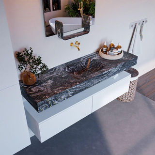 Mondiaz ALAN-DLUX Ensemble de meuble - 150cm - meuble Talc mat - 2 tiroirs - Lavabo Cloud Lava suspendu - vasque Centre - 0 trous de robinet