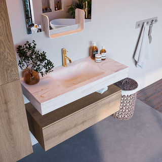 Mondiaz ALAN-DLUX Ensemble de meuble - 100cm - meuble Washed Oak mat - 1 tiroir - Lavabo Cloud Ostra suspendu - vasque Centre - 1 trou de robinet