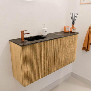 Mondiaz JOYA-DLUX 91.6cm toiletmeubel - ronding rechts kleur Oak - Wastafel FAYE positie Links 1 kraangat kleur Lava.