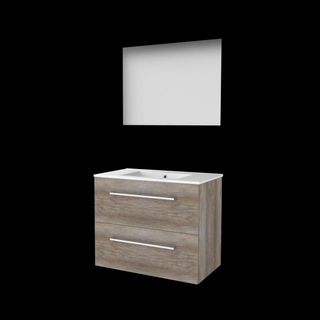 Basic-Line Ultimate 46 ensemble de meubles de salle de bain 80x46cm avec poignées 2 tiroirs lavabo en porcelaine 1 trou de robinetterie miroir éclairage mfc scotch oak