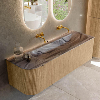 MONDIAZ KURVE-DLUX 145cm badmeubel ronding Links kleur Oak met 1 lade en 1 deur. Wastafel BIG LARGE Rechts zonder kraangat Sombra.