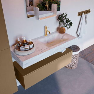 Mondiaz ALAN-DLUX Ensemble de meuble - 110cm - meuble Oro mat - 1 tiroir - Lavabo Cloud Opalo suspendu - vasque Droite - 1 trou de robinet