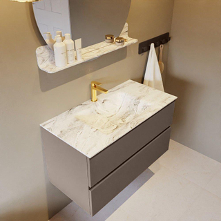 Mondiaz VICA-DLUX Ensemble de meuble de salle de bain - 90cm - meuble sous-vasque fumée - 2 tiroirs - lavabo encastré nuage milieu - 1 trou de robinet - version haute 60cm - glace