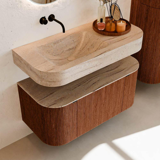 MONDIAZ THOR-DLUX 100cm meuble de salle de bains arrondi gauche + droite couleur Ruby avec 1 tiroir et 2 portes. Vasque suspendue CLOUD Gauche sans trou de robinet couleur Saba.