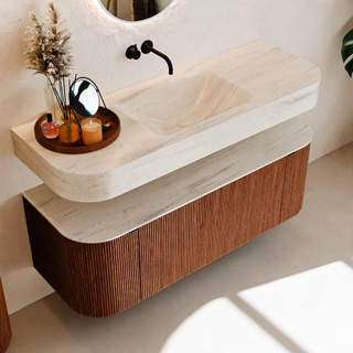 MONDIAZ THOR-DLUX 130cm meuble de salle de bains arrondi gauche + droite couleur Ruby avec 1 tiroir et 2 portes. Vasque suspendue CLOUD Milieu sans trou de robinet couleur Meli.