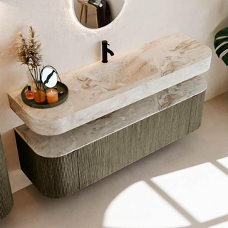 MONDIAZ THOR-DLUX 160cm meuble de salle de bains arrondi gauche + droite couleur Shadow avec 1 tiroir et 2 portes. Vasque suspendue CLOUD Milieu 1 trou de robinet couleur Frappe.