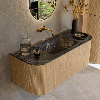 MONDIAZ KURVE-DLUX 110cm Meuble salle de bain avec module 25 G et D - couleur Oak - 1 tiroir - 2 portes - vasque CLOUD centre - sans trou de robinet - couleur Lava