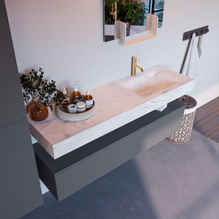 Mondiaz ALAN-DLUX Ensemble de meuble - 150cm - meuble - Plata mat - 1 tiroir - Lavabo Cloud Ostra suspendu - vasque droite - 1 trou de robinet - Beige