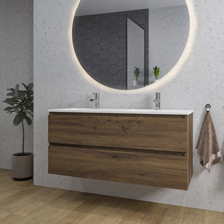 Adema Chaci Meuble salle de bain - 120x46x57cm - 2 vasques en céramique blanche - 2 trous de robinet - 2 tiroirs - miroir rond avec éclairage - Noyer