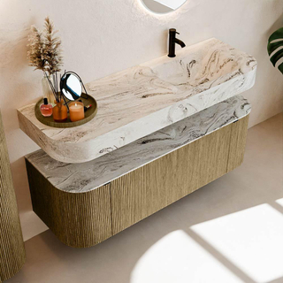 MONDIAZ THOR-DLUX Meuble de salle de bains 140cm arrondi gauche + droite couleur Dusk avec 1 tiroir et 2 portes. Vasque suspendue CLOUD Droite 1 trou de robinet couleur Glace.