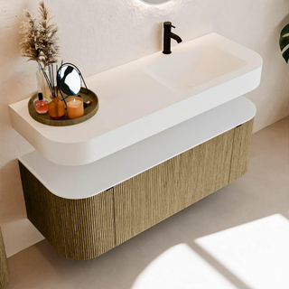 MONDIAZ THOR 130cm meuble de salle de bains arrondi gauche + droite couleur Dusk avec 1 tiroir et 2 portes. Vasque suspendue CLOUD Droite 1 trou de robinet couleur Talc.