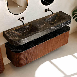 MONDIAZ THOR-DLUX 160cm meuble de salle de bains arrondi gauche + droite couleur Ruby avec 1 tiroir et 2 portes. Vasque suspendue CLOUD Double sans trou de robinet couleur Lava.