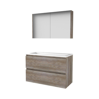 Basic-Line Comfort 46 ensemble de meubles de salle de bain 100x46cm sans poignée 2 tiroirs lavabo acrylique 2 trous de robinetterie armoire de toilette mfc scotch oak