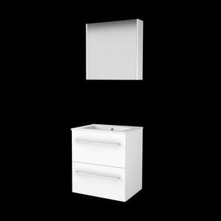 Basic-Line Comfort 46 ensemble de meubles de salle de bain 60x46cm avec poignées 2 tiroirs lavabo en porcelaine 1 trou de robinetterie armoire de toilette mdf laqué blanc glacier