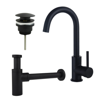 FugaFlow Eccelente Sobrado Kit robinet lavabo - robinet haut - bec rotatif - bonde clic clac - siphon design - Noir mat