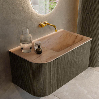 MONDIAZ KURVE-DLUX 85cm badmeubel ronding Links kleur Shadow met 1 lade en 1 deur. Wastafel CLOUD Rechts zonder kraangat Saba.