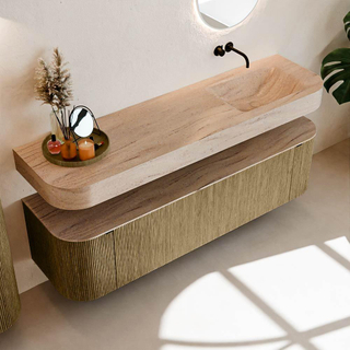 MONDIAZ THOR-DLUX 170cm meuble de salle de bains arrondi gauche + droite couleur Dusk avec 1 tiroir et 2 portes. Vasque suspendue CLOUD Droite sans trou de robinet couleur Saba.