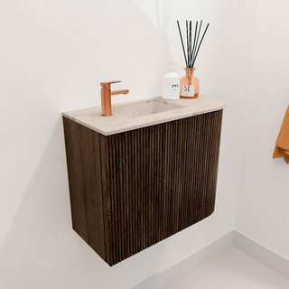 Mondiaz JOYA-DLUX 51.6cm toiletmeubel - ronding rechts kleur Walnut - Wastafel FAYE positie Links 1 kraangat kleur Frappe.