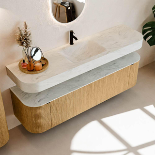 MONDIAZ THOR-DLUX Meuble de salle de bains 170cm arrondi gauche + droite couleur Oak avec 1 tiroir et 2 portes. Vasque suspendue CLOUD Milieu 1 trou de robinet couleur Opalo.