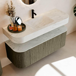 MONDIAZ THOR-DLUX 130cm meuble de salle de bains arrondi gauche + droite couleur Shadow avec 1 tiroir et 2 portes. Vasque suspendue CLOUD Milieu 1 trou de robinet couleur Opalo.