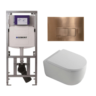 QeramiQ Dely Swirl Toiletset - 36.3x51.7cm - Geberit UP320 inbouwreservoir - met Burda frame - 35mm zitting - koperen bedieningsplaat - rechthoekige knoppen - wit glans