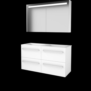 Basic-Line Premium 46 ensemble de meubles de salle de bain 120x46cm avec poignées 4 tiroirs lavabo acrylique 0 trous de robinetterie armoire de toilette éclairage led intégré mdf laqué blanc glacier