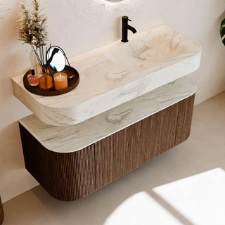 MONDIAZ THOR-DLUX 120cm meuble de salle de bains arrondi gauche + droite couleur Walnut avec 1 tiroir et 2 portes. Vasque suspendue CLOUD Droite 1 trou de robinet couleur Ostra.