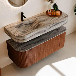 MONDIAZ THOR-DLUX 120cm meuble de salle de bains arrondi gauche + droite couleur Ruby avec 1 tiroir et 2 portes. Vasque suspendue CLOUD Gauche 1 trou de robinet couleur Sombra.