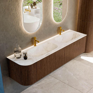 MONDIAZ KURVE-DLUX 175cm badmeubel met module 25 L kleur Walnut met 2 lades en 1 deur. Wastafel STOR SMALL dubbel / rechts 2 kraangaten kleur Frappe.