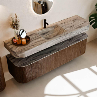 MONDIAZ THOR-DLUX 170cm meuble de salle de bains arrondi gauche + droite couleur Walnut avec 1 tiroir et 2 portes. Vasque suspendue CLOUD Milieu 1 trou de robinet couleur Sombra.