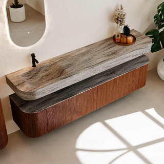 MONDIAZ THOR-DLUX 200cm meuble de salle de bains arrondi gauche + droite couleur Ruby avec 2 tiroirs et 2 portes. Vasque suspendue CLOUD Gauche 1 trou de robinet couleur Oza.