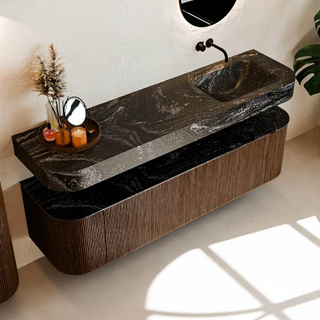 MONDIAZ THOR-DLUX 170cm meuble de salle de bains arrondi gauche + droite couleur Walnut avec 1 tiroir et 2 portes. Vasque suspendue CLOUD droite sans trou de robinet couleur Lava.