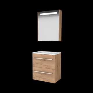 Basic-Line Premium 39 ensemble de meubles de salle de bain 60x39cm avec poignées 2 tiroirs lavabo acrylique 0 trous de robinetterie armoire de toilette éclairage led intégré mfc whisky oak