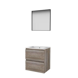 Basic-Line ensemble de meubles de salle de bain 60x46cm sans poignée 2 tiroirs lavabo en porcelaine 1 trou de robinetterie miroir cadre aluminium noir mat tout autour mfc scotch oak