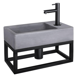 Differnz Force kit lave-mains - 40x22x8cm - Rectangulaire - 1 trou de robinet - Robinet droit noir mat - avec cadre noir - Gris béton