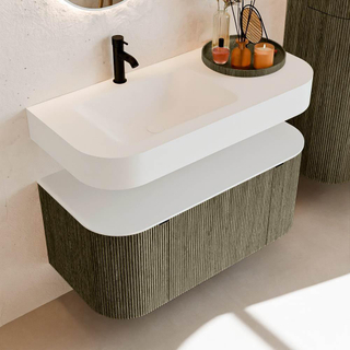 MONDIAZ THOR 100cm meuble de salle de bains arrondi gauche + droite couleur Shadow avec 1 tiroir et 2 portes. Vasque suspendue CLOUD gauche 1 trou de robinet couleur Talc.