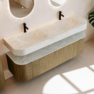 MONDIAZ THOR-DLUX 160cm meuble de salle de bains arrondi gauche + droite couleur Dusk avec 1 tiroir et 2 portes. Vasque suspendue CLOUD Double 2 trous de robinet couleur Opalo.