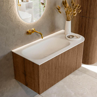 MONDIAZ KURVE 95cm Meuble salle de bain avec module 25 D - couleur Walnut - 1 tiroir - 1 porte - vasque BIG SMALL gauche - sans trous de robinet - Talc