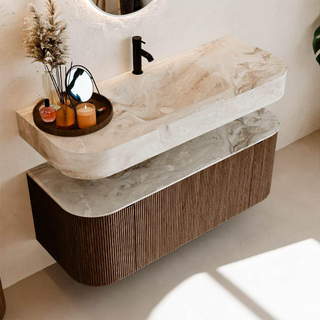 MONDIAZ THOR-DLUX 120cm badmeubel ronding links + rechts kleur Walnut met 1 lade en 2 deuren. Vrijhangende wastafel CLOUD Midden 1 kraangat kleur Frappe.