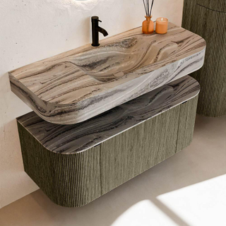 MONDIAZ THOR-DLUX Meuble de salle de bains 110cm arrondi gauche + droite couleur Shadow avec 1 tiroir et 2 portes. Vasque suspendue CLOUD Milieu 1 trou de robinet couleur Sombra.