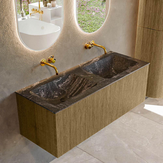 Ensemble de meuble de salle de bain Mondiaz KURVE-DLUX - 120x46x40cm - 1 tiroir - lavabo en solid surface - double - sans trou de robinet - Dusk