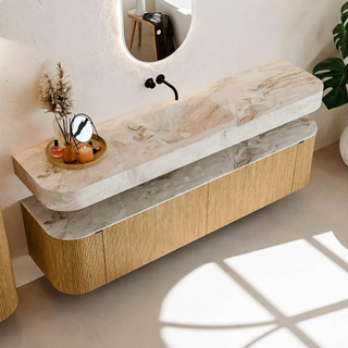 MONDIAZ THOR-DLUX Meuble de salle de bains - 190cm - arrondi gauche + droite - couleur Oak - 2 tiroirs et 2 portes - Vasque suspendue CLOUD Milieu sans trou de robinet - couleur Frappe