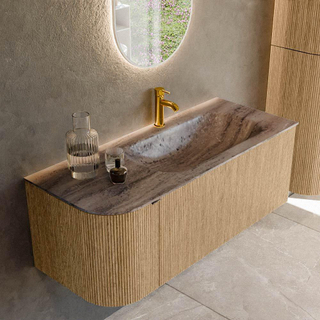 MONDIAZ KURVE-DLUX 115cm badmeubel ronding Links kleur Oak met 1 lade en 1 deur. Wastafel BIG SMALL Rechts 1 kraangat Oza.