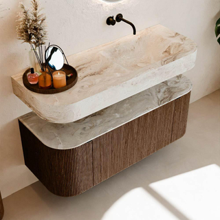 MONDIAZ THOR-DLUX 120cm meuble de salle de bains arrondi gauche + droite couleur Walnut avec 1 tiroir et 2 portes. Vasque suspendue CLOUD droite sans trou de robinet couleur Frappe.