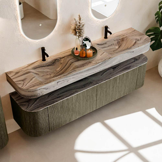 MONDIAZ THOR-DLUX Meuble de salle de bains 190cm arrondi gauche + droite couleur Shadow avec 2 tiroirs et 2 portes. Vasque suspendue CLOUD Double 2 trous de robinet couleur Sombra.